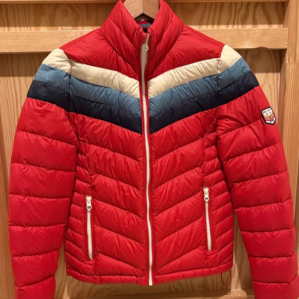 Marine Layer x Lost & Found Red Chevron Puffer Jacket, XS
